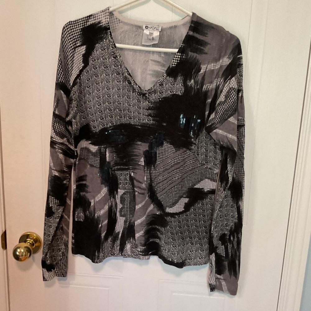 Chagall V-Neck Sweater Women Medium Black Grey Excellent Abstract Sequin Print